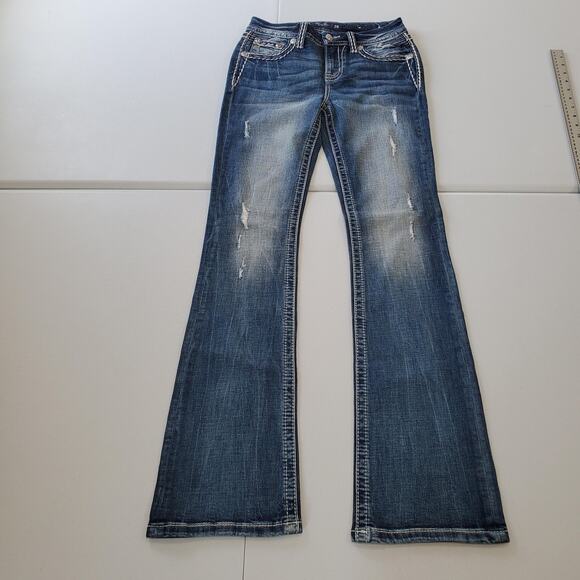Miss Me Jeans Womens 26 x34 Blue Mid Rise Bootcut Embellished Flap Pockets Rodeo - Picture 4 of 13